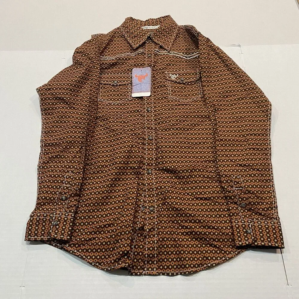 Cowboy Hardware Youth Boy's Six Star Print Rust Snap Shirt Size XL 14/16